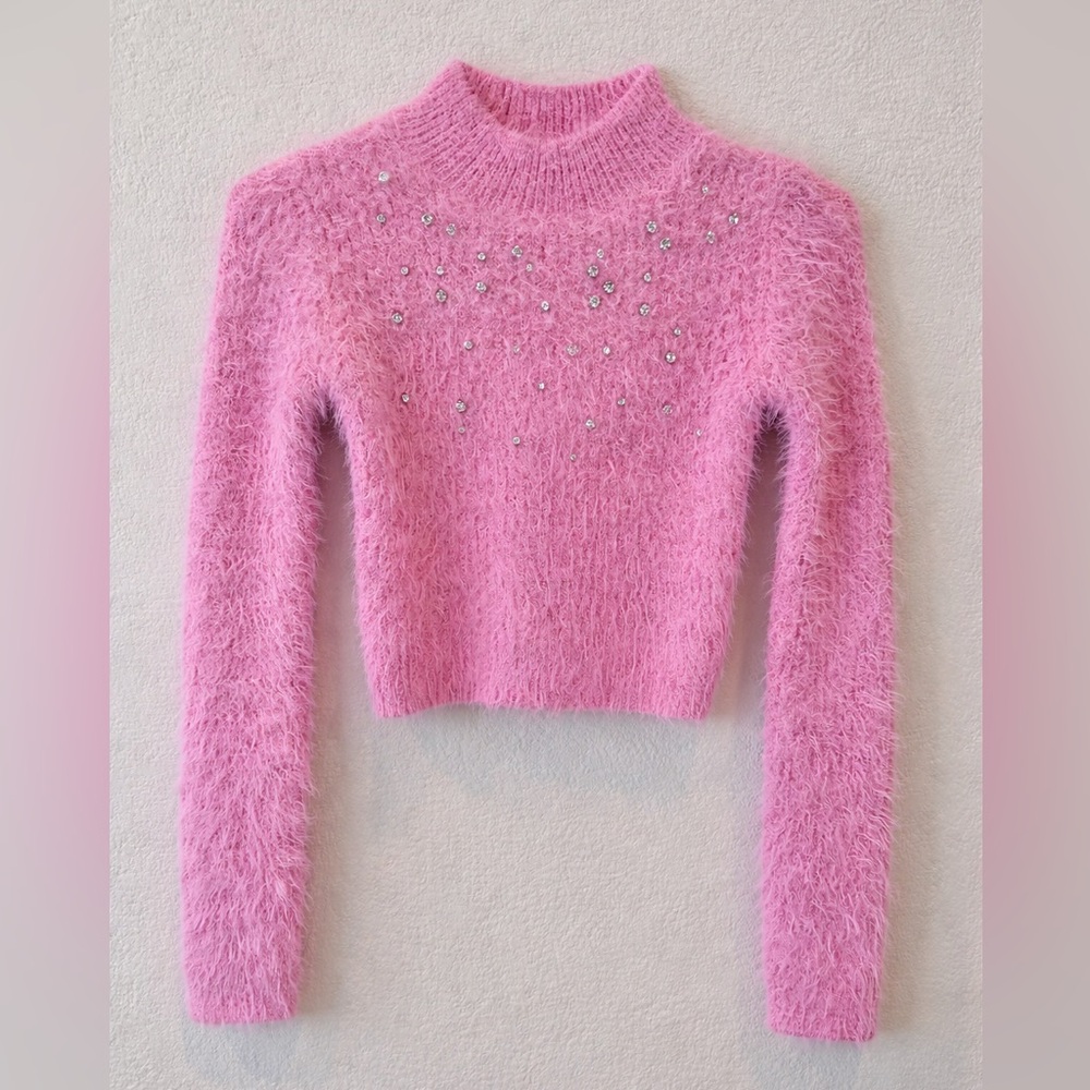 H&M Pink Fuzzy Rhinestone Cropped Sweater Size S Mock Neck